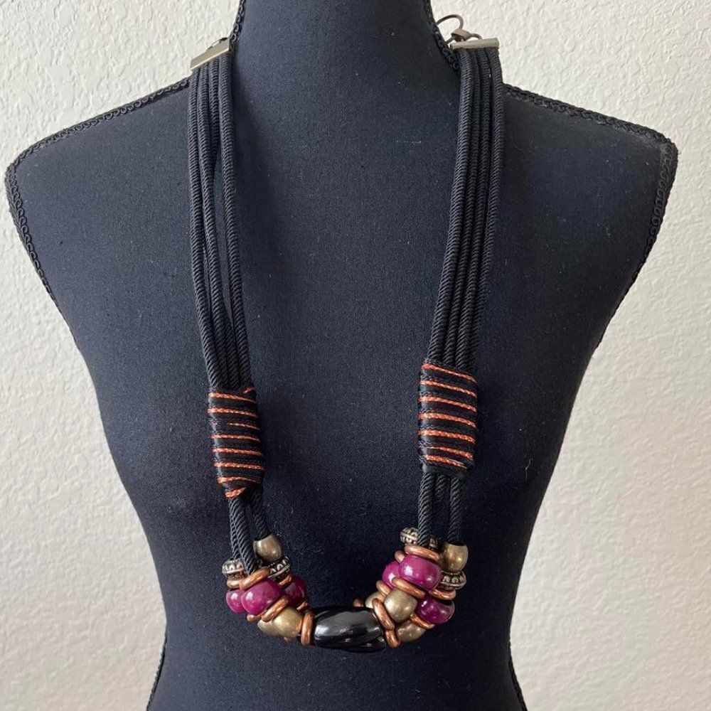 Vintage Triple Long Necklace with Colored Heads Length 30" Jewelry
